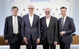 Gunnar Kilian, Board Member for Human Resources, Ralf Brandstätter, Chief Operating Officer of the Volkswagen brand, Bernd Osterloh, Chairman of the General Works Council, and Thomas Schmall, CEO of Volkswagen Group Components.